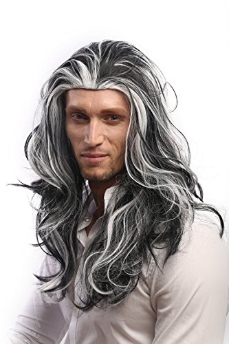 WIG ME UP- 29938B-ZA103-ZA60 Peluca Hombres Mujeres Carnaval Halloween Gris, Larga, Melena Blanca y Negro,veteado Vampire Lord Drácula 55 cm