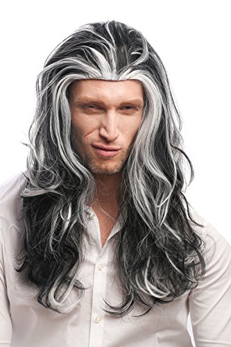 WIG ME UP- 29938B-ZA103-ZA60 Peluca Hombres Mujeres Carnaval Halloween Gris, Larga, Melena Blanca y Negro,veteado Vampire Lord Drácula 55 cm