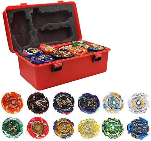 3T6B 12 Piezas Peonzas Juguetes Conjunto con Estuche Portátil, Gyro Spinner con 2 Burst Turbo Launcher Set, con Pocket Box, Regalo Mejor para los Niños (Rojo)