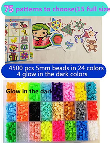 Abalorios cuentas de hierro-4500pcs 24colores(4 brillar en oscuridad)3 Pegboard+75 imagine(15tamaño completo)+5papel de hierro+2 pinzas+DIY Bolsa Hama Beads Compatible