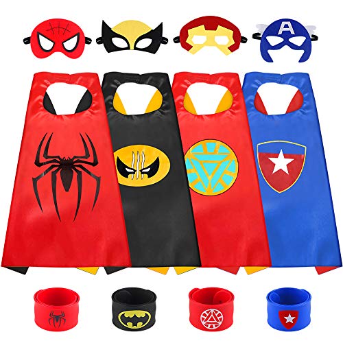 Sinoeem Capa de Superhéroe para Niños - 4 Capas y 4 Máscaras y 4 Slap Pulseras - Ideas Kit de Valor de Cosplay de Diseño de Fiesta de Cumpleaños de Navidad - Juguetes para Niños y Niñas (4pcs - Boy)