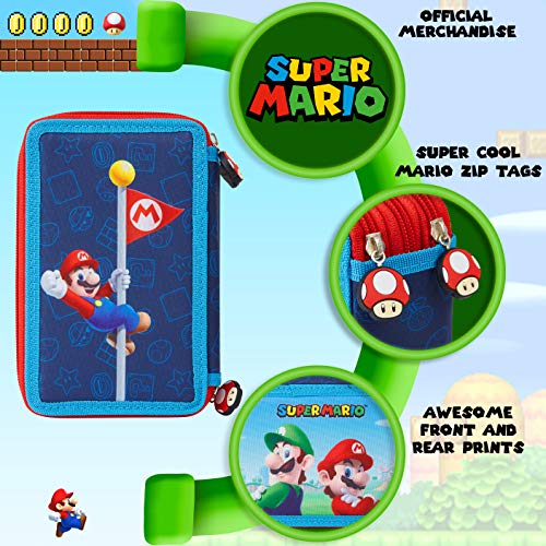 Super Mario Estuche Escolar, Incluye Material Escolar, Estuche Escolar 3 Compartimentos con Lapices de Colores Cuaderno Goma de Borrar, Regalos Para Niños