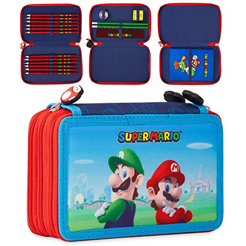 Super Mario Estuche Escolar, Incluye Material Escolar, Estuche Escolar 3 Compartimentos con Lapices de Colores Cuaderno Goma de Borrar, Regalos Para Niños