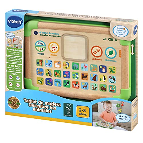 VTech Tablet Descubre los Animales, Juguete ecológico +12 Meses Fabricado en Madera certificada FSC-Versión ESP (3480-613522), Color