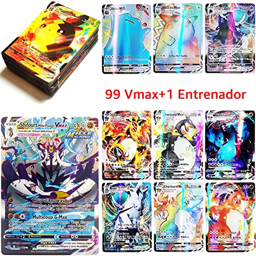 100pcs VMAX Cartas Español Poke, Nueva Versión, Variedad de Elfos, 99 Vmax +1Entrenador, Brillo de Colores, Ideas para Regalos, Juegos de Cartas coleccionables, 2022 Estilos New