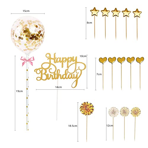 17 Piezas Decoración para Tartas de Cumpleaños,Cake Topper Toppers para Tartas Topper Feliz Cumpleaños,para Decoración de Pastel de Cumpleaños (Oro)