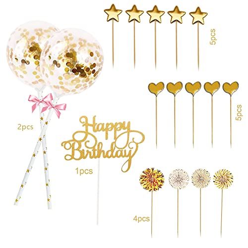 17 Piezas Decoración para Tartas de Cumpleaños,Cake Topper Toppers para Tartas Topper Feliz Cumpleaños,para Decoración de Pastel de Cumpleaños (Oro)