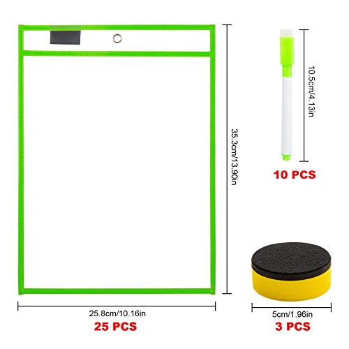 25 Pack Dry Erase Pockets, GuKKK Resuable Dry Erase Pockets Papelería Suministros 35.5×25.5 cm / A4 con Bolígrafos, para la Organización en el Aula y Colegio, Guardería, Oficina (25)