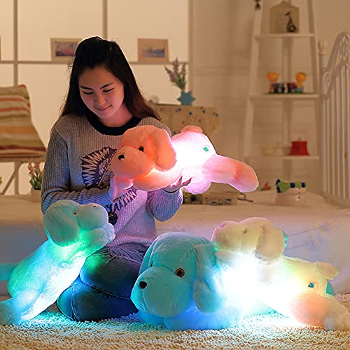 30cm Perro Peluche, 7 Cambio de Color LED Aclarar Juguete de Perro Relleno Almohada de Felpa Luz, Juguetes de Perro de Peluche Animal de Mar Relleno Muñecas Lindas para Niñas Niños, Rosa