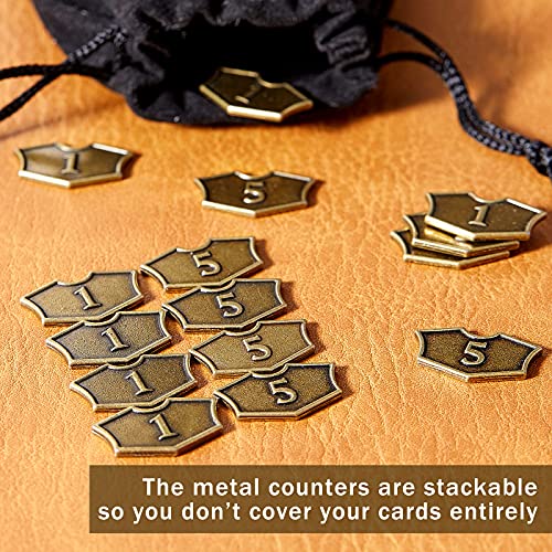 40 Piezas Contadores de Metal con Bolsa de Terciopelo con Cordón Fichas de Metal Dorado Antiguo Contadores de Doble Cara Impresos 1 y 5 Compatibles con Accesorio de Juego de Cartas MTG