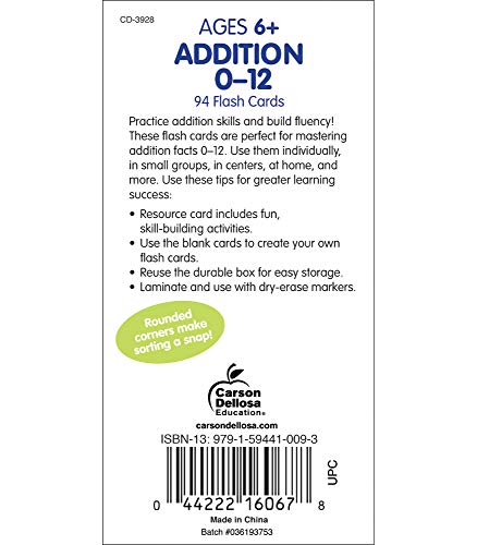 Addition 0-12 Flash Cards, Grades 1 - 3