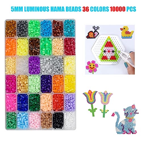 Allazone 14000 Pz 5MM Cuentas de Planchar, 5MM 36 Color Creative Beads, Pegboards Plantillas con Cuentas Blancas, Papel de Planchado y Llavero para Cuentas Niños Artesanía Perlas