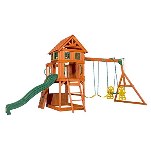 Backyard Discovery Parque Infantil Atlantic | Zona Infantil para ninos de Madera XXL con Columpio, Tobogan, Muro de escalada y Arenero | Area de Juegos para Jardin