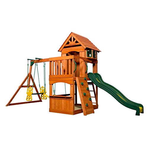 Backyard Discovery Parque Infantil Atlantic | Zona Infantil para ninos de Madera XXL con Columpio, Tobogan, Muro de escalada y Arenero | Area de Juegos para Jardin