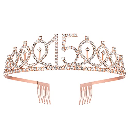 Banda y tiara de 15 cumpleaños para niñas, corona de banda de cumpleaños de oro rosa 15 y fabulosas bandas y tiara, regalos de 15 cumpleaños para felices fiestas de 15 cumpleaños