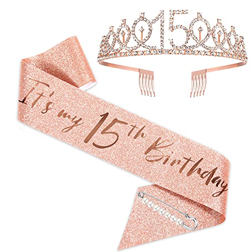 Banda y tiara de 15 cumpleaños para niñas, corona de banda de cumpleaños de oro rosa 15 y fabulosas bandas y tiara, regalos de 15 cumpleaños para felices fiestas de 15 cumpleaños