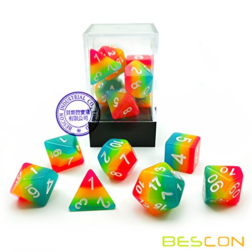 Bescon Fantasy Rainbow Glowing Polyhedral Dice 7pcs Set Midnight Candy, Luminous RPG Dice Set Glow in Dark, Novelty DND Game Dice d4 d6 d8 d10 d12 d20 d% in Brick Box