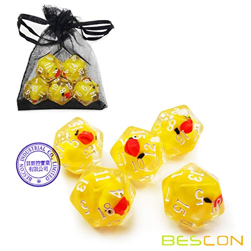 Bescon Yellow Duck 20 Sides Dice Set of 5, Duck D20 5pcs Set