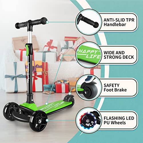 besrey Plegable para niños Patinetes, Patinete de 3 Ruedas LED, Scooter para Niños 2 a 8 Años,Manillar Altura Ajustable ,con Freno Posterior,Carga Máxima 50 KG,Regalos para niños y niñas, Verde