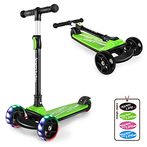 besrey Plegable para niños Patinetes, Patinete de 3 Ruedas LED, Scooter para Niños 2 a 8 Años,Manillar Altura Ajustable ,con Freno Posterior,Carga Máxima 50 KG,Regalos para niños y niñas, Verde