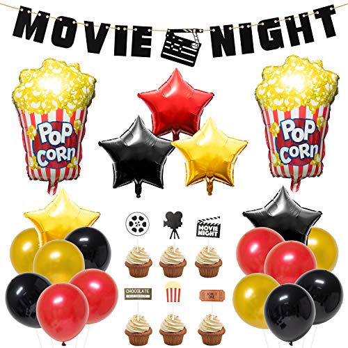 BeYumi Juego de 45 paquetes de decoraciones para fiestas temáticas de película, globos de papel de aluminio con forma de estrella de palomitas de maíz, globos de látex con cinta