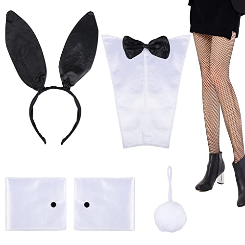 BOFUNX Conjunto de Accesorios Conejo Vestido Disfraz Conejito Diadema Orejas Pajarita Cola Puños Medias Juego de Roles Disfraces para Fiesta Pascua Halloween Cosplay Sets de Traje Mujer Adulto