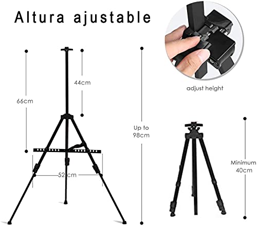 Caballete de Pintura Regulable Aleación de Aluminio Ligero Caballete Plegable trípode telescópico de Pintura, póster, etc. Multifunción Con bolsa de transporte (NEGRO)