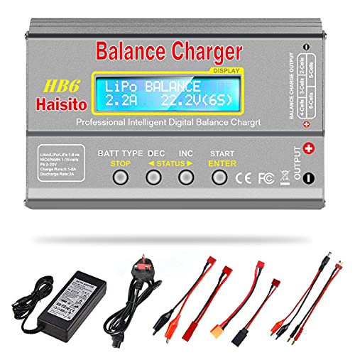 Cargador LiPo Haisito HB6, Cargador/Descargador de batería RC con Equilibrador para LiPo Lilon Life NiMH NiCD PB, 80W 6A con Adaptador AC/DC, Compatible con Tamiya / XT60 / Deans/JST/Futaba