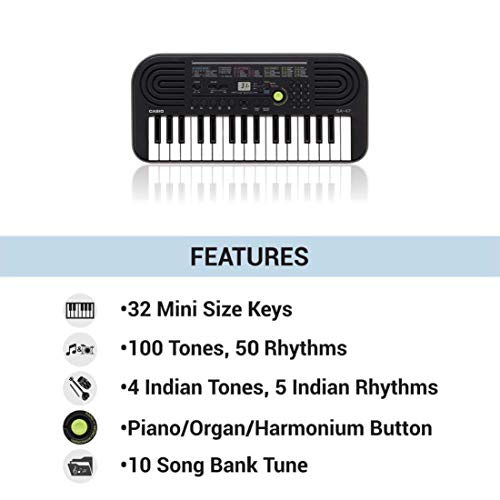 Casio SA-47 - Miniteclado electrónico para niños con 32 teclas y altavoces incorporados, negro/gris