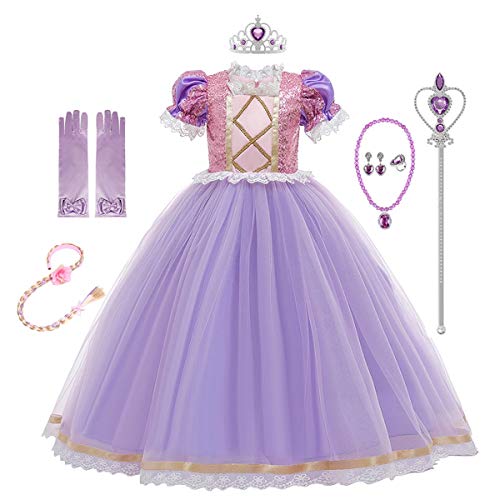 CinheyU Disfraz de Princesa Rapunzel para Niñas Vestidos de Sofia Cumpleaños Boda Fiesta Navidad Ceremonia Carnaval Halloween Cosplay Vestir con Accesorios 6-7 años