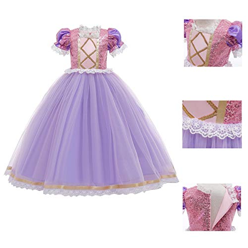 CinheyU Disfraz de Princesa Rapunzel para Niñas Vestidos de Sofia Cumpleaños Boda Fiesta Navidad Ceremonia Carnaval Halloween Cosplay Vestir con Accesorios 6-7 años