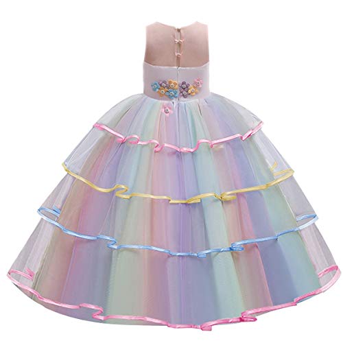 CinheyU Niñas Disfraz de Carnaval Sin Mangas Vestido de Unicornio Princesa Cumpleaños Boda Fiesta de Cosplay para Chicas Navidad Bautizo Comunión Flor Vestidos de Baile Arcoiris 8-9