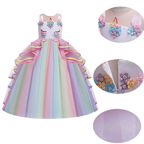 CinheyU Niñas Disfraz de Carnaval Sin Mangas Vestido de Unicornio Princesa Cumpleaños Boda Fiesta de Cosplay para Chicas Navidad Bautizo Comunión Flor Vestidos de Baile Arcoiris 8-9