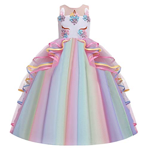 CinheyU Niñas Disfraz de Carnaval Sin Mangas Vestido de Unicornio Princesa Cumpleaños Boda Fiesta de Cosplay para Chicas Navidad Bautizo Comunión Flor Vestidos de Baile Arcoiris 8-9