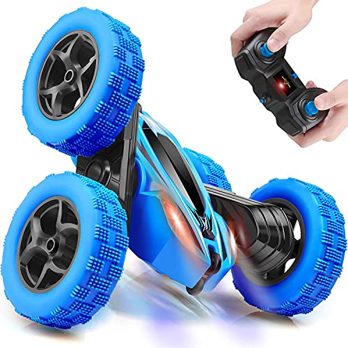 Coche Teledirigido, 2.4 GHz RC Coche Acrobacia Rotación Volteo de 360 Grados, con Batería Recargable, 360° Doble Lado Flexibles Control Remoto de Coche Carrera para niños Regalo (Azul)