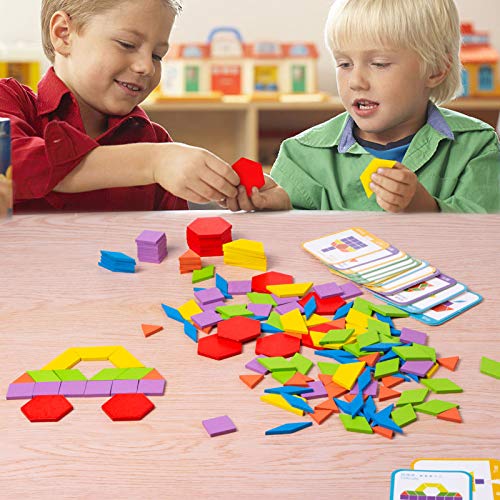 Comius Sharp 155 Piezas Puzzles de Madera Bloques de Madera Juguetes Tangram Puzzle con 24 Piezas Tarjetas de Diseño, Blocks Juguetes Educativos Clásicos Niños