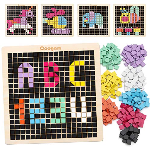 Coogam Rompecabezas de Mosaico de Madera, Bloques de patrón de Forma 370PCS con 8 Colores, Juego de Mesa de píxeles Stem Montessori Juguetes Regalo para niños pequeños niños niños niñas