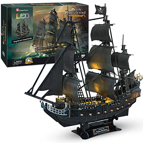 CubicFun Puzzle 3D LED Venganza del Reina Ana Barco Pirata Maquetas para Construir Adultos Modelo de Barco Pirata Grande Decoración Regalo Ideal para Adultos, 340 Piezas