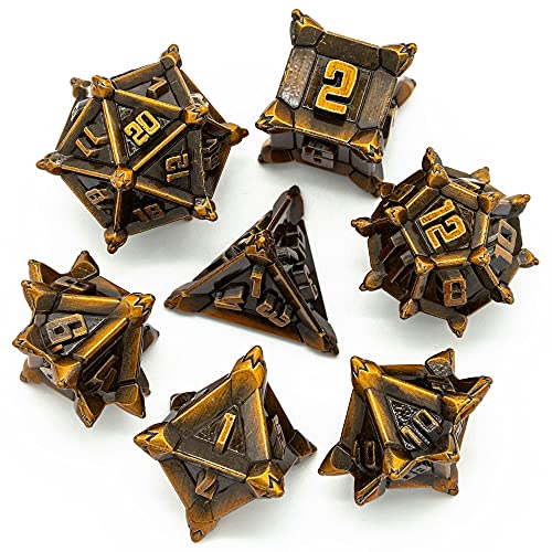 Cusdie Juego de dados de metal, 7 piezas de dados de metal DND, Pinwheel diseño de dados poliédricos, para juego de rol D&D Dice MTG Pathfinder (dorado antiguo)