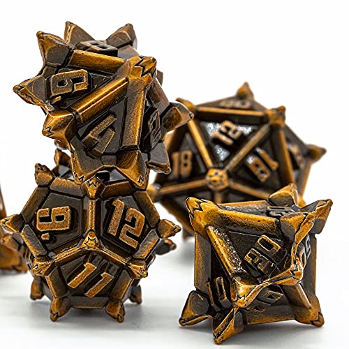 Cusdie Juego de dados de metal, 7 piezas de dados de metal DND, Pinwheel diseño de dados poliédricos, para juego de rol D&D Dice MTG Pathfinder (dorado antiguo)