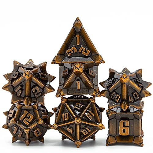 Cusdie Juego de dados de metal, 7 piezas de dados de metal DND, Pinwheel diseño de dados poliédricos, para juego de rol D&D Dice MTG Pathfinder (dorado antiguo)