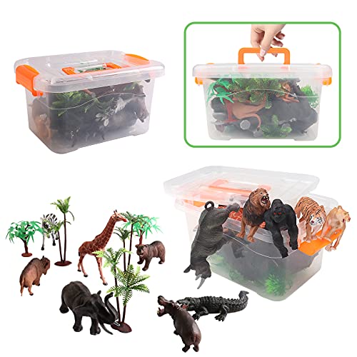 deAO Mi Pequeño Safari Juego de Zoológico con Surtido de Animales y Accesorios, Mapa de Parque y Caja de Almacenaje Incluida – Conjunto Coleccionable Infantil