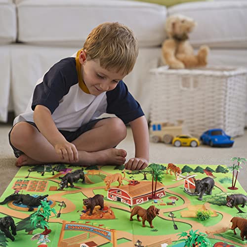 deAO Mi Pequeño Safari Juego de Zoológico con Surtido de Animales y Accesorios, Mapa de Parque y Caja de Almacenaje Incluida – Conjunto Coleccionable Infantil