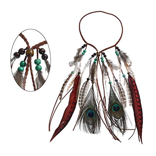 Diadema de plumas tribales Hippie tocados - AWAYTR Boho lindo tocado indio nativo para mascarada (Rojo)