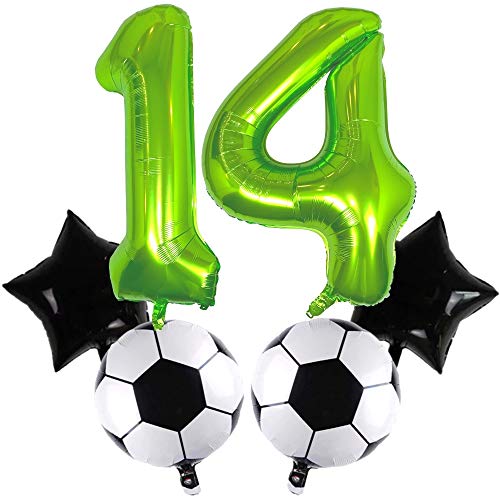 DIWULI, juego de globos de fútbol grandes, globo número 14 XXL verde, balón de fútbol de lámina, globo estrella negro, 14º cumpleaños infantil, fiesta temática, decoración, globo de lámina, deportes