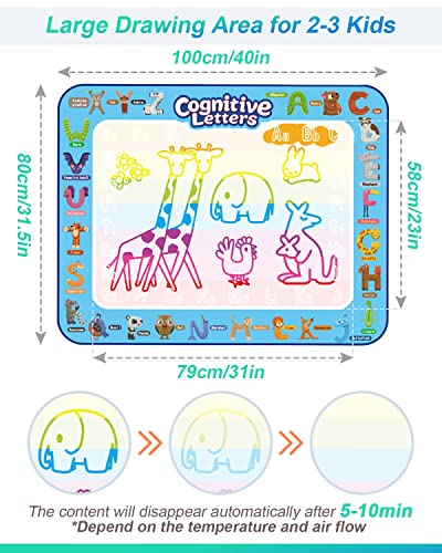 E-SMARTER Agua Dibujo Pintura, 100x 80 cm Alfombra Magica Agua, Reutilizable Pizarra Agua con Bolígrafos Mágicos Sello, Juguetes Niños Niña Niño, Regalos Niña Niño, Juguete Educativo