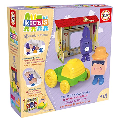 Educa - The Kiubis. Playset El Establo del Burrito. Apilables para bebés con escenario 3D. 2 Personajes + Tractor. +18 meses. 19222