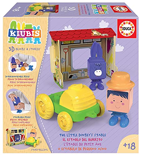 Educa - The Kiubis. Playset El Establo del Burrito. Apilables para bebés con escenario 3D. 2 Personajes + Tractor. +18 meses. 19222