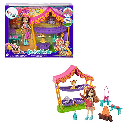 Enchantimals Sunny Savanna Gilian Giraffe Muñeca con set de acampada, mascotas y accesorios de juguete(Mattel GTM33)