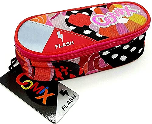 Estuche ovalado organizado Comix Flash rosa fucsia + bolígrafo de lentejuelas 6 en 1 + llavero lentejuelas